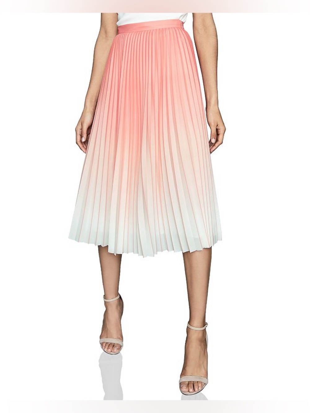 Reiss Mila Ombre Pleated Midi Skirt peach/pink and ecru (white) colorway. Size 0
